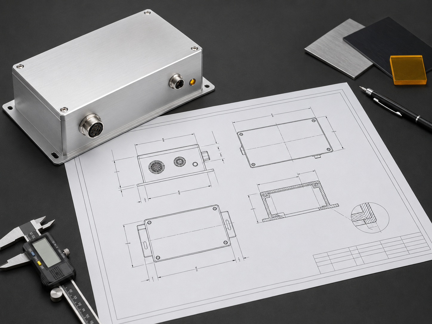 Produto físico acompanhado de desenho técnico para fabricação